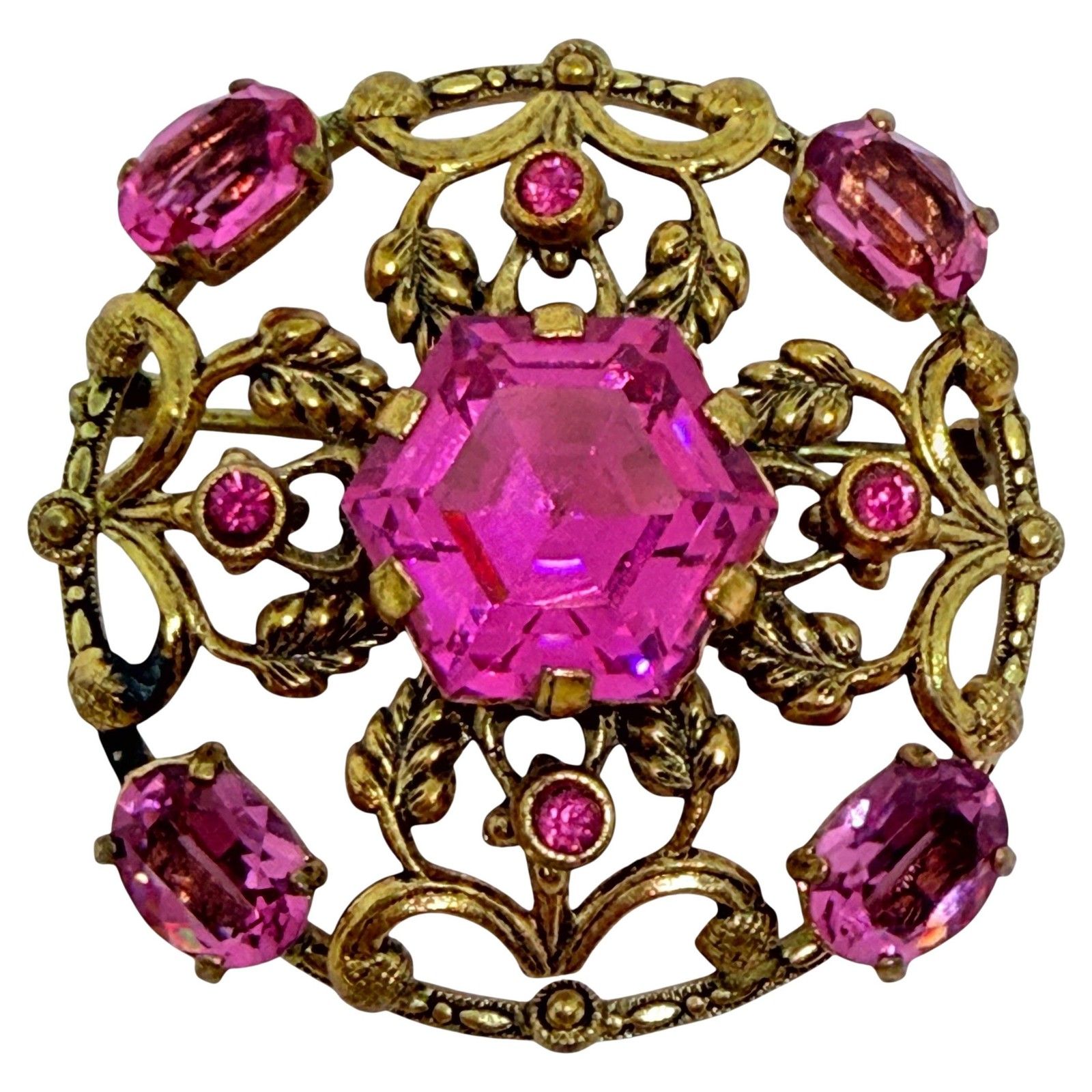 Vintage Czech Gold Tone Pink Glass Designer Brooch